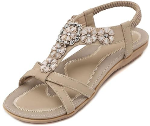 SOLOYEE Sandali Estivi da Donna Open Toe Scarpe Tacco Piatto Bohemia Infradito con Confortevole e Elegante per Le Vacanze Spiaggia (Beige, 36 EU)
