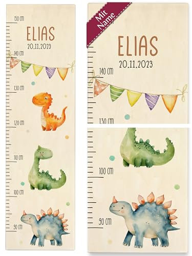 Messlatte Kinder - Dino Dinosaurier - Dinos mit Name und Datum Kindermesslatte Dino-Motiven - 90-150 cm - Holz