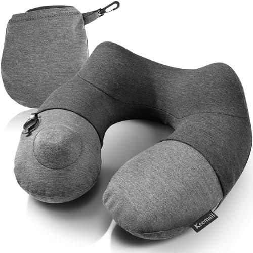 Keemall Inflatable Travel Neck Pillow, Best Airplane Neck Pillow for Long Flight Sleeping,Soft 100% Cotton Travel Pillow for Plane Head Rest, Portable Traveling Essentials