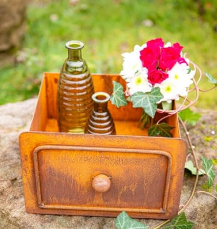Generisch NEU !! Schublade mit Knauf, Pflanztopf 19 cm breit aus Metall in Edelrost Rost Garten Pflanzgefäß Blumentopf Landhaus Shabby chic Vintage Pflanzgefäß