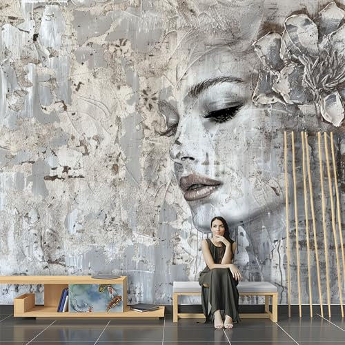 SPECUFX Papier Peint Mural 3D Panoramique Murale Rétro Gris Béton Femme Visage Photographie Voyager Image Fond Décoration Gamins Adultes Portrait Studio Photo