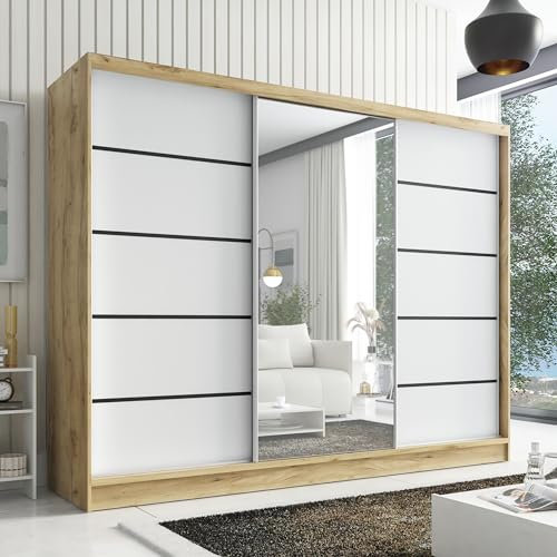 A&J MöbelLand Schwebetürenschrank Aurelia 2 Kleiderschrank 3-türig mit Schubladen, und Spiegel, Garderobe 200 cm (Eiche Kraft Gold/weiß)