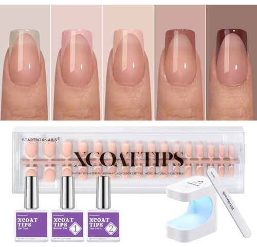BTArtboxnails XCOATTIPS French Tip Press on Nails - Skin Tones Short Fall Press On Nails Square, Soft Gel Nail Tips with Nail Gel, French Protecting Duo, Nail Lamp, All in One Fake Nail Extension Kit