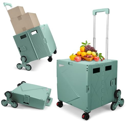 Foldable Utility Cart, Shopping Trolley Box with Stair Climber Wheels, Folding Box Cart with Adjustable Handle, Grocery Storage Box with Seat, 80KG/55L for Teachers, Office, Shopping, Home-Deep Green