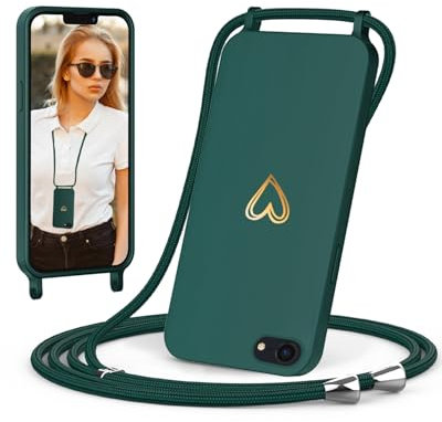 ScandiCasis Handykette für iPhone 7/8/SE 2020/SE 2022 mit Band, Handyhülle mit Schnur zum Umhängen, Weiche TPU Silikonhülle mit Band [Verstellbar] [Abnehmbar], Love Design Halskettenhülle, Grün