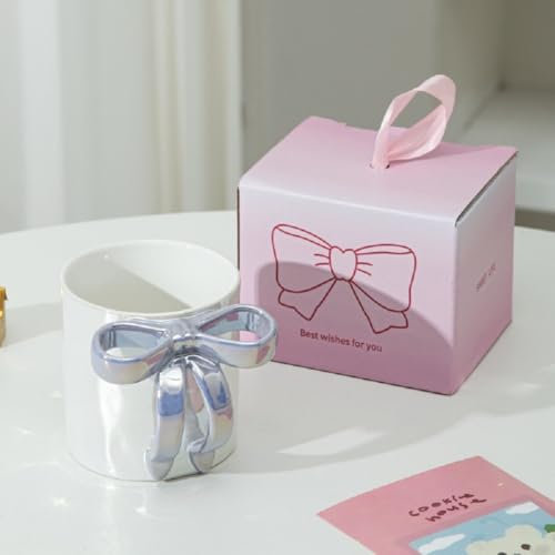 VollfitYYu Niedliche Kaffeetasse mit Schleife Henkel Perlglanz Porzellan Kaffeebecher Frühstückstasse Milchbecher Bürobecher Geschenk für Frau Freundin Mama Kollegin (Lila-Schleife)