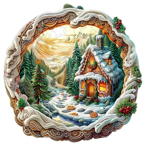 Blumuze Holzpuzzle Erwachsene, 3D Weihnachtshaus 1 Holz Puzzle, Holzpuzzle Einzigartige Tierform Puzzleteile,3D Christmas House Puzzle Holz Erwachsene mit Geschenkbox aus Holz 100 Stück(S-8.5*8.4in)
