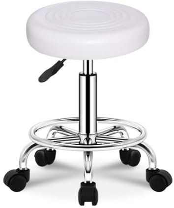 Runder Rollhocker aus Leder mit Drehrollen für Geschäft, Bar, Salon, Büro, verstellbare Höhe, Spa, Zeichnen, Tattoo, Massagesessel, Weiß, anpassbar