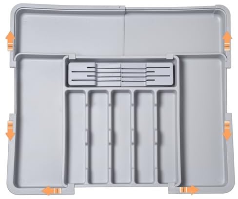 ZHUIYIWIN Organizador de Cubiertos, Caja Organizadora para con 2 bloques de cuchillos extraíbles, Cubertos para Cajon Cocina Extensible, Organizador Cubiertos Para Cajon Con 9 Compartimentos, Gris