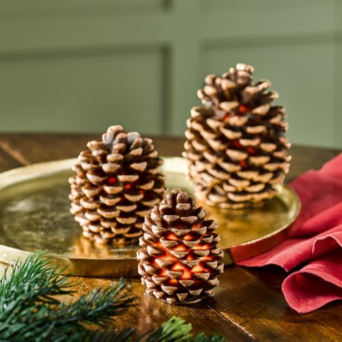 mysmartbuy.com Set of 3 LED Pinecones – Battery Powered Light Up Wax Pine Cone Trio Festive Christmas Xmas Home Candle Decorations for Tabletop, Mantelpiece, Shelf, Windowsill – H8, 9 & 12cm
