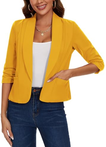 MINTLIMIT Womens Blazer Open Front Suit Jacket 3/4 Ruched Sleeve Blazers Casual Cardigan Outerwear with Patch Pockets