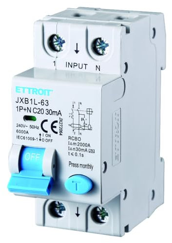 230V 20A C20, INTERRUTTORE MAGNETOTERMICO DIFFERENZIALE SALVAVITA, 1P+N, MONTAGGIO SU BARRA DIN, 2 MODULI, 30mA, 6KA 6000A, RCBO, 240VAC, classe A