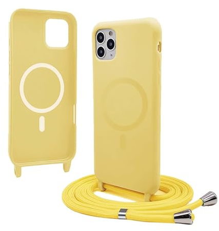 Bigcousin Funda Magnética con Cuerda Compatible con iPhone 13 Pro 6,1 Zoll,Compatible con Magsafe,Silicona Caso con Correa Colgante Ajustable Collar Correa de Cuello Cadena Cordón,Amarillo