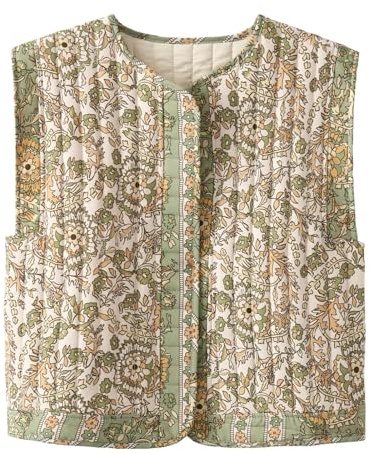 Generisch Veste matelassée en duvet pour femmes avec motif fleuri, courte, légère, sans manches, veste rembourrée en duvet pour femmes Veste en fourrure noire Veste en fourrure, vert, S