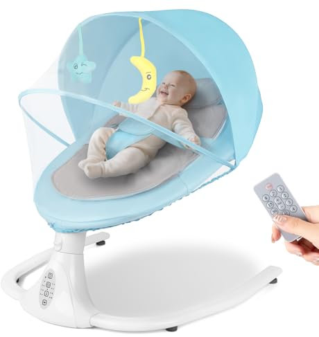 Electric Baby Bouncer Chair, Baby Swing Chair with Bluetooth, Remote Control, Mosquito Net, Removable Seat Cushion, 4 Speeds & 4 Timers, Swing from Birth for 6 Months (Blue)