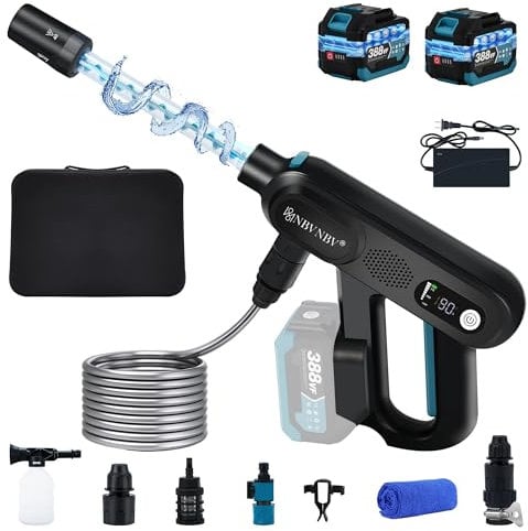 Akku Hochdruckreiniger für Makita 18V Akku, 3-Stufiger Max 220 Bar | 5-IN-1Spirale Druck Erhöhen Düse Mobile Hochdruckreiniger Akku | 5m Schlauch (Schwarz Mit 2 Batterie)
