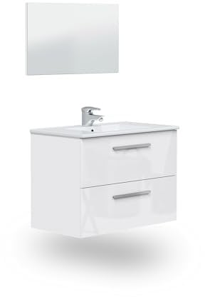 duehome | Mueble de Baño Suspendido con 2 Cajones y Espejo, Modulo Lavabo, Modelo Feel, Acabado en Blanco Brillo, Medidas: 80 cm (Ancho) x 60 cm (Alto) x 45 cm (Fondo)