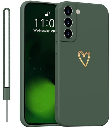 Yoawiful für Samsung Galaxy S21 FE Hülle Silikon Kameraschutz Niedliches Herzmuster Handyhülle Samsung S21 FE Case 5G mit 1 Lanyard, stoßfest dünn weich Kratzfest Schutzhülle grün
