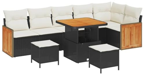 vidaXL 9-teiliges Garten-Sofaset mit Kissen in Schwarz und Cremeweiß aus Poly-Rattan und Akazienholz – Bequeme Sitzgelegenheit mit Stauraum für Terrasse, Balkon und Dachterrasse.