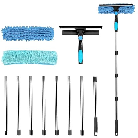 3.2m Fensterreiniger mit Langem Griff, Profi Fensterputzer mit Ersatztuch und Fensterabzieher, Teleskopstange Fensterreinigung, Fensterreinigungsset für Reinigung hohe Fenster im Innen Außenbereich