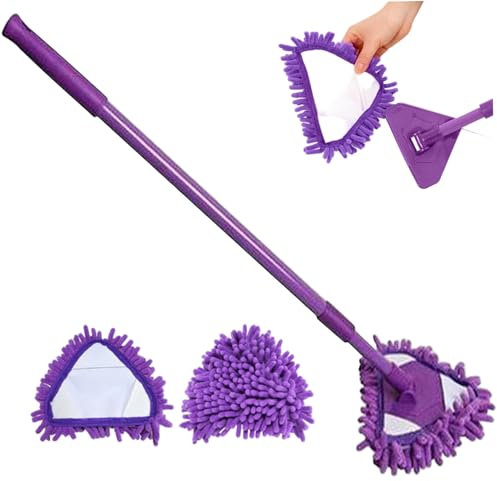 Kalastussaari Mini Mop, 180° Rotating Triangle Mop with Telescopic Handle, Wall Cleaner with 2 Replacement Heads for Bathroom Shower Floor Wall Cleaning Mops for Walls