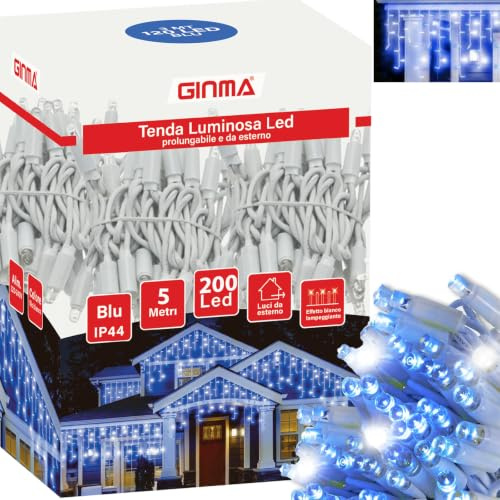 GINMA Tenda Luminosa LED Effetto Pioggia - Luci di Natale Esterno Professionali - Certificata IP44 - Basso Consumo e Impermeabili - Prolungabile (Blu Zaffiro, 5 metri (200 LED))