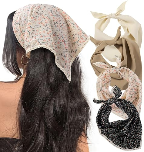 HBselect 4PCS Bandanas for Women Boho Head Bands Tie-Back Triangle Head Scarf Head Kerchief for Girls with 2 Snap Hair Pins