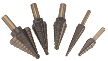 Professional 5PCS Step Drill Bit Set, High-Speed Steel (HSS) Unibit for Metal, Wood & Plastic, Triangle Shank, Imperial Sizes (3/16-1-3/8 Range)
