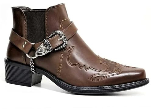 GIJMZY Stivali Cowboy Uomo Stivali da cowboy vintage da uomo, in pelle, alti fino al ginocchio, con fibbia a catena, scarpe punk, stivali da motociclista a punta