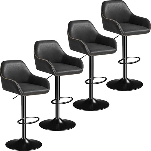 Yaheetech PU Leather Adjustable Swivel Bar Stools Set of 4, Black | Gas Lift Height Adjustment Bar Chairs, 360° Swivel Seat, Padded Backrest & Armrest, Footrest, for Kitchen Island, Home Bar