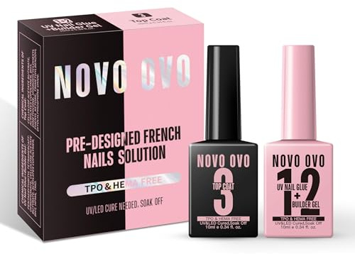 NOVO OVO UV Nail Glue and Builder Gel 2 in 1, No Wipe Top Coat Kit for Predesigned French Tip Nail Tips, HEMA TPO FREE, Super Strong Adhesive for Press on Acrylic Nails, Long Lasting, Easy to Use
