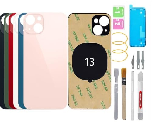 BAYERQ - Cristal trasero de repuesto compatible con iPhone 13 - Gran agujero de la cámara - Kit de herramientas de reparación - Carcasa de vidrio templado batería (rosa)