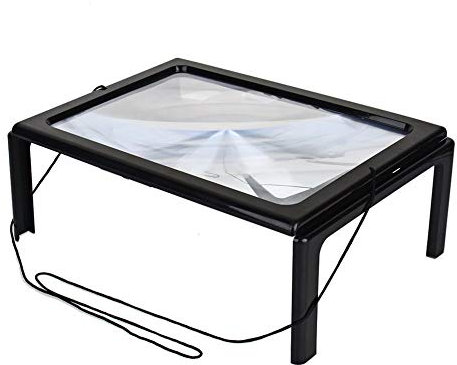 A4 Rechteckige Leselupe mit 4 LED Licht, 3X Vergröserung Lesehilfe mit Klappbarer Ständer Hände Frei für Schmuck, Senioren, Landkarten, Bücher