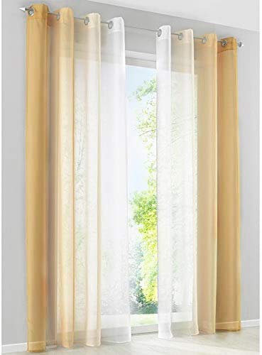SIMPVALE Gardinen mit Ösen Farbverlauf 2er Set, Vorhang Transparent für Wohnzimmer Kinderzimmer Mädchenzimmer, Lichtdurchlässig Ösenschals Voile Weiß Gelb Breite 140 Höhe 145 pro Stück