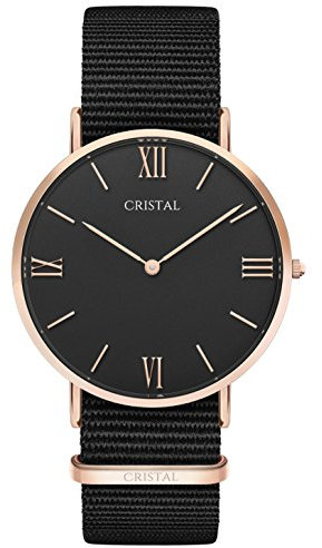 Cristal Montre Or Rose - Cadran Noir - Bracelet Nylon Noir (Noir/Noir)