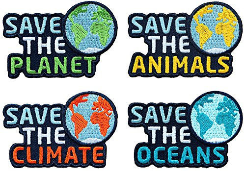 4er-Set Save the Planet - gestickte Patches/Aufbügler Aufnäher Flicken Patch/Naturschutz Klimaschutz Tierschutz Umweltschutz Artenschutz Schutz der Ozeane Meere Nachhaltigkeit Wirtschaft Politik