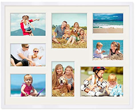 PHOTOLINI Bilderrahmen 40x50 weiß Holz MDF, Foto Bilderrahmen 50x40 mit Passepartout für 8 Bilder, bruchsicheres Acrylglas, Rahmen 40x50 zum Aufhängen mit Zubehör - picture frames für Fotos & Poster