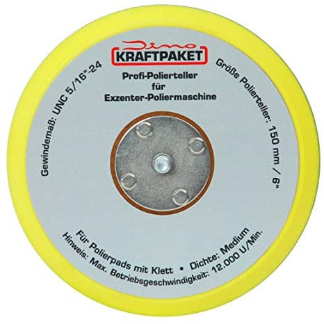 Dino KRAFTPAKET 640223 150mm-Stützteller-5/16-24 mit Klett Polierteller für Exzenter Poliermaschine 600W-8mm, 650W-9mm Hub, Gelb