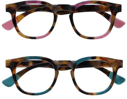 OPULIZE Ava Reading Glasses 2 Pack Flattering Rounded Frame Spring Hinges Scratch Resistant Brown Tortoiseshelll Pink Turquoise Mens Womens RR62-4Q +3.50