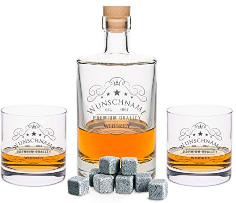 GRAVURZEILE Leonardo 2er Set Whisky Gläser - Premium Quality - mit Whiskykaraffe 0,5l luftdichtem Verschluss Füllmenge: 750 ml | inkl. 6x Leonardo Whisky Steine