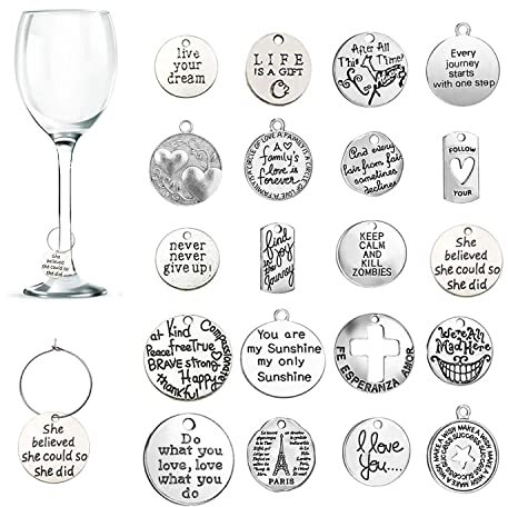 CNYMANY 20 Stück Weinglas Anhänger Charms, Inspirationstext Kelch Trinken Marker Tags mit Schnallendesign für Wein Cocktail Champagner-Verkostungsparty Gefälligkeiten Dekorationsbedarf Geschenke