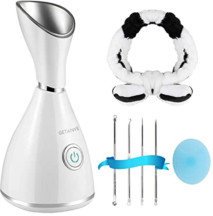 GETANYE Nano Ionic Face Steamer - 10X Penetration for Facial, Unclogs Pores, Moisturizing Spa Humidifier with Free Blackhead Remover Kit, Hair Band, Face Brush