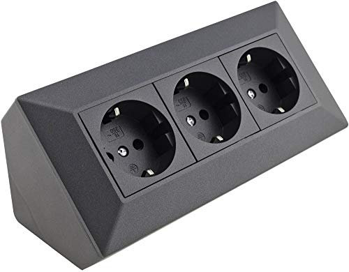 Steckdose Anthrazit für Küche und Büro - Ecksteckdose aus hochwertigem Kunststoff ideal für Arbeitsplatte, Tischsteckdose oder Unterbausteckdose mit 3-fach Steckdosenelement