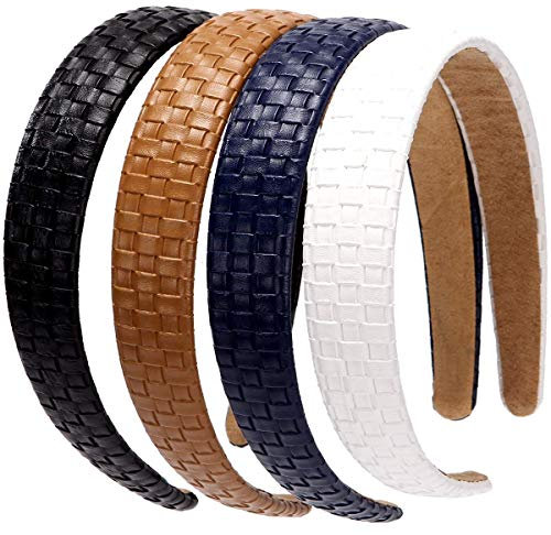 LONEEDY 4 x kariertes Leder-Stirnband, breit, hart, gepolstert, rutschfest, modisches Haarband für Mädchen und Frauen (gewebt (Schwarz + Braun + Blau + Weiß)