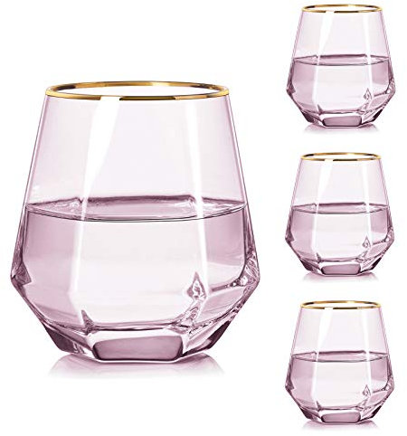 Ledph Diamond Whiskyglas 4er-Set, Gin Wisky Glas, 280 Ml Whiskey Goldrand Glass, Schnaps GläSer In Diamantform, FüR Bourbon, Scotch, Wiskey, Rum, Tequila, Cocktail, Wodka, Cognac,Rosa