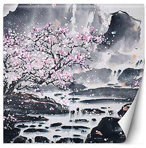 Feeby Vlies Fototapete Uv Gel Druck Strom Felsen Kirschblüte 250x250 cm Rosa Schlafzimmer Wohnzimmer Büro Hotel Flur Aquarell Japan