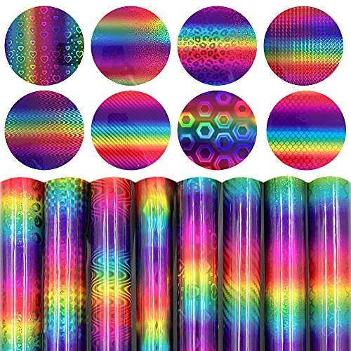 Yalulu 8 Rollen Holografische Vinylfolie Plotter Selbstklebend, Regenbogen Klebefolie Selbstklebefolie, Permanente Holografische Vinylrolle 30.5 x 25cm DIY Basteln Bastelfolie