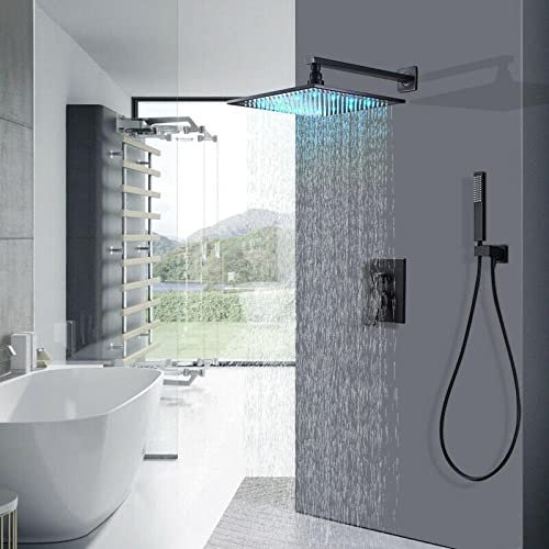 Nian LED Regendusche Wasserhahn Kombinationsset Handsprüher Mattschwarz Blender-10 Zoll