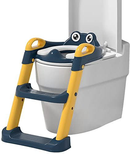 Sinbide Escalera Asiento Escalera del Tocador de Niños, Reductor WC para Niños Acolchado Suave con Escalón Plegable Abatible Ajustable, Antideslizante (Rana Azul)