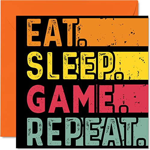 Geburtstagskarte lustig Sie oder Ihn – Essen Schlafen Spiel Wiederholung – Karten Video Gaming Gamer Liebhaber Geschenke 145 mm x 145 mm Geburtstagskarte alle Anlässe Kinder oder Erwachsene